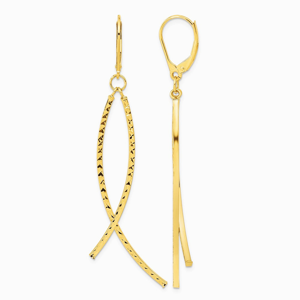 14K Yellow Gold Polished Diamond Cut Fancy Dangle Leverback Earrings - Product Photo