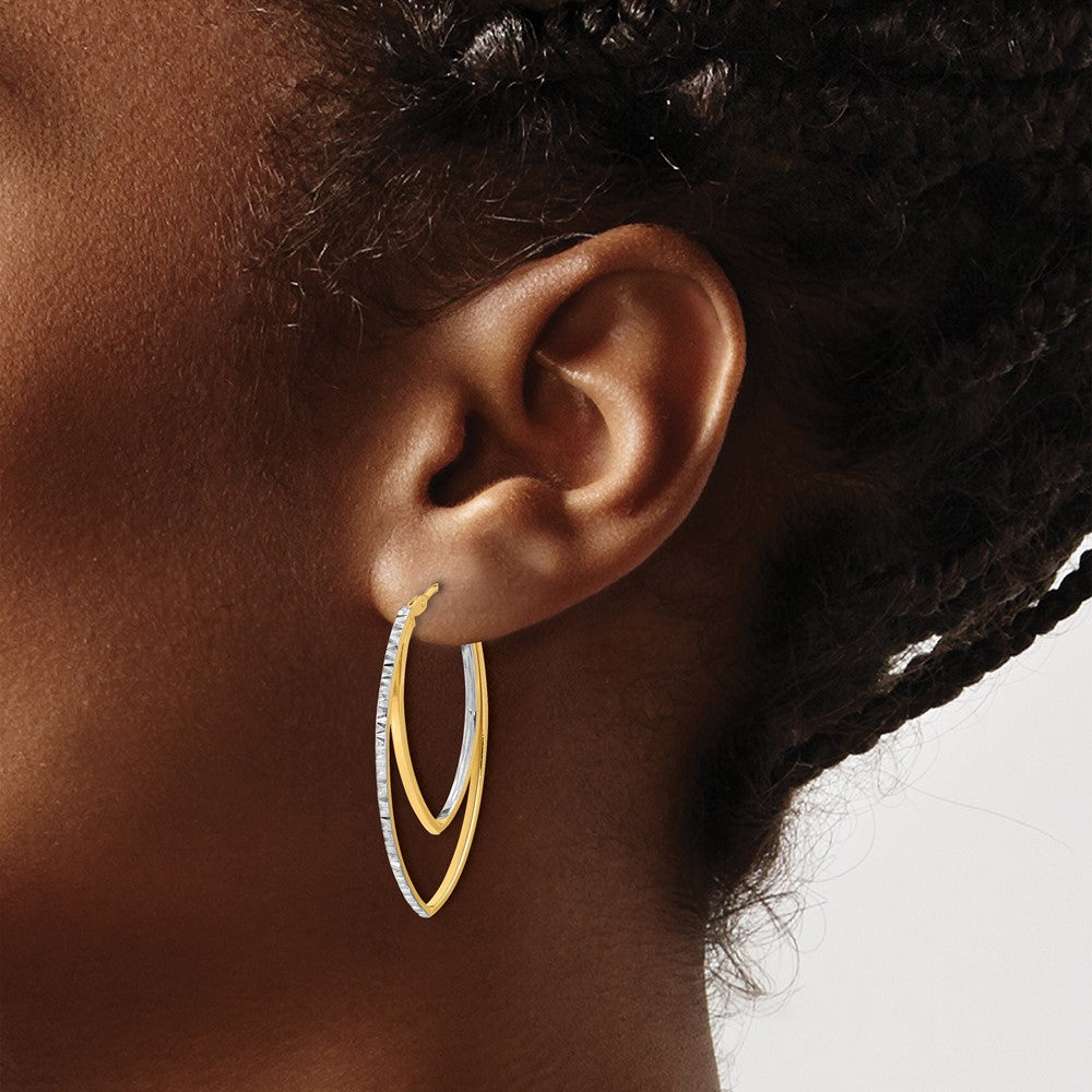 14K Polished and Rhodium Diamond-cut V Shape Hoop Earrings - Product Photo
