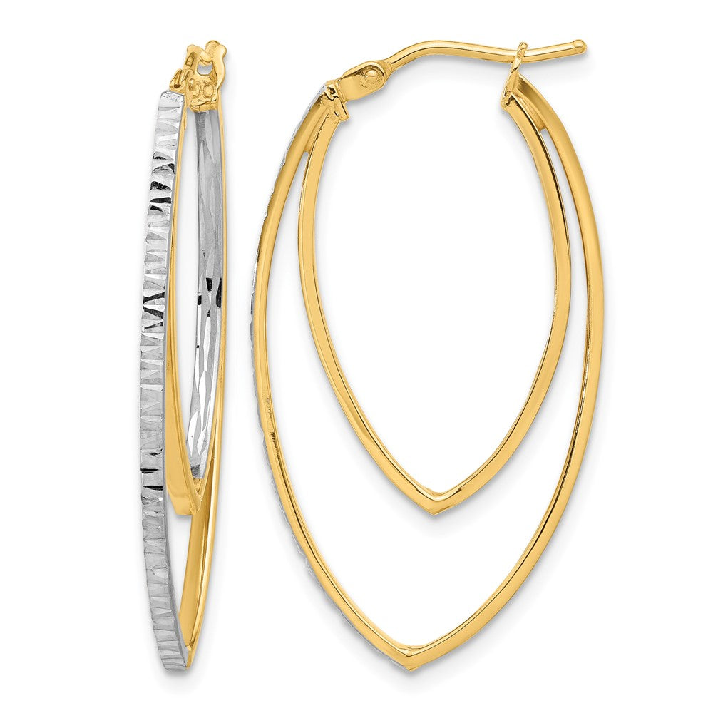 14K Polished and Rhodium Diamond-cut V Shape Hoop Earrings - Product Photo