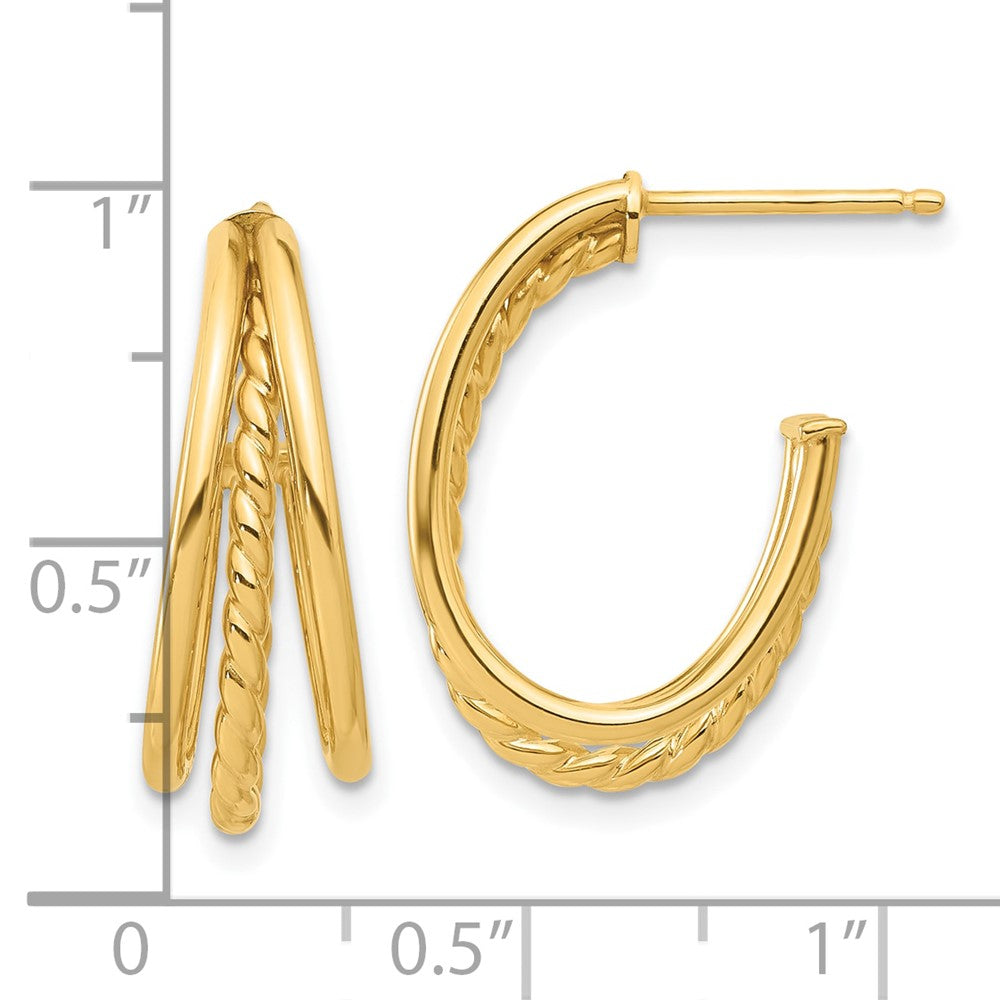 14K Polished and Twist Oval Multi Row J-Hoop Post Earrings - Product Photo