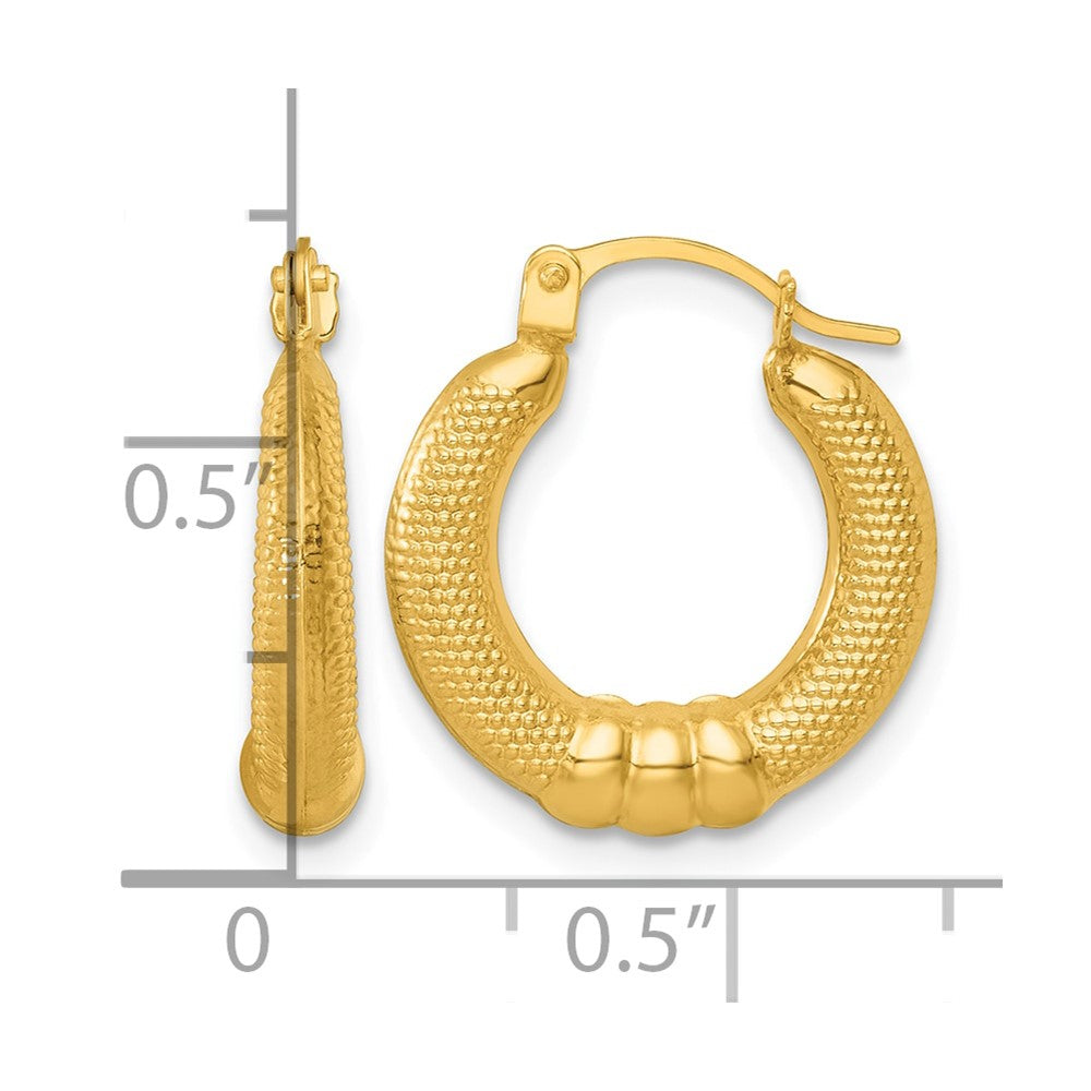 14K Yellow Gold Polished And Textured Hoop Earrings - Product Photo