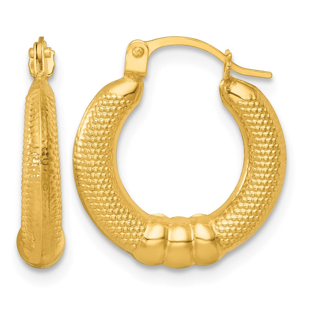 14K Yellow Gold Polished And Textured Hoop Earrings - Product Photo