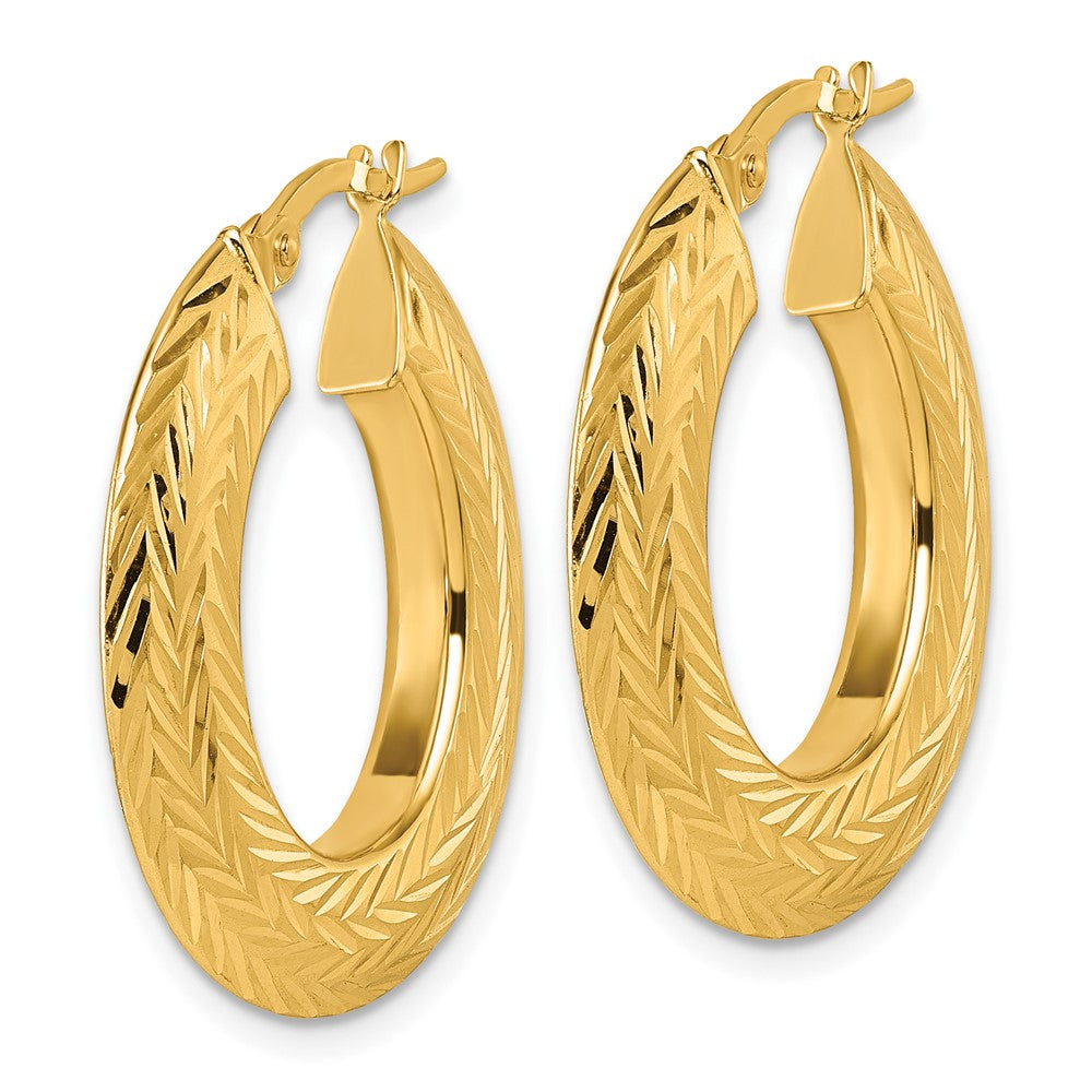 14K Polished and Diamond-cut Oval Hoop Earrings - Product Photo
