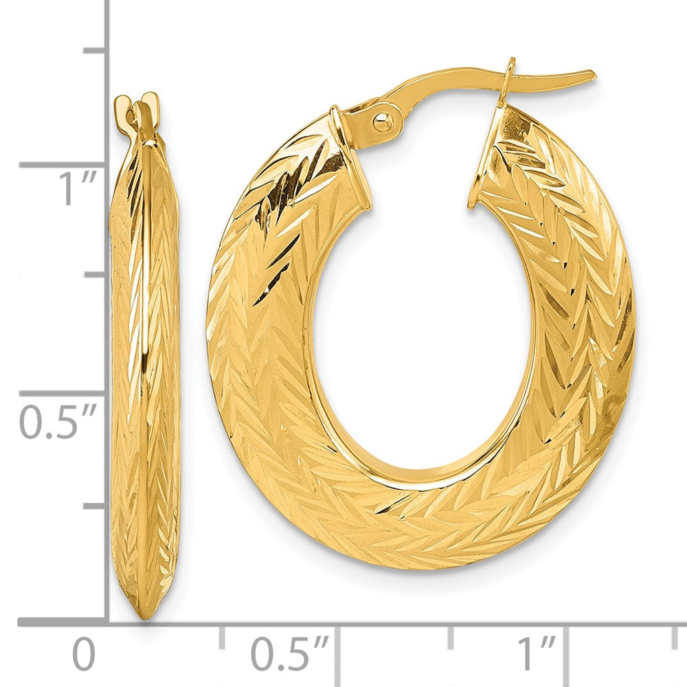 14K Polished and Diamond-cut Oval Hoop Earrings - Product Photo