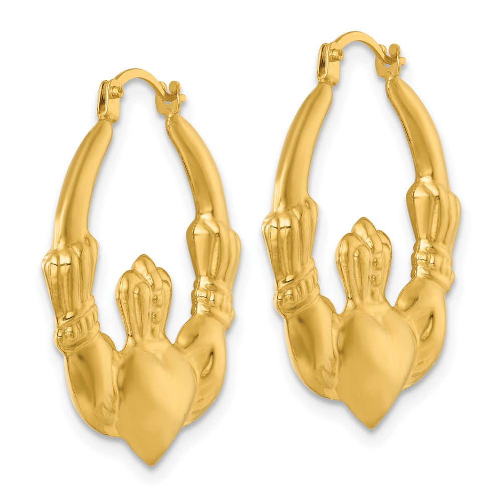 14K Yellow Gold Polished Claddagh Hoop Earrings - Product Photo