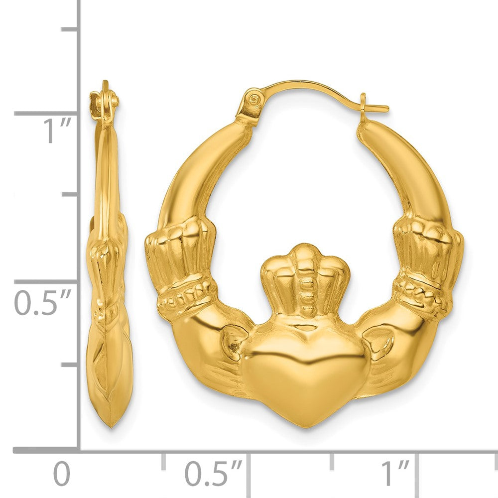 14K Yellow Gold Polished Claddagh Hoop Earrings - Product Photo