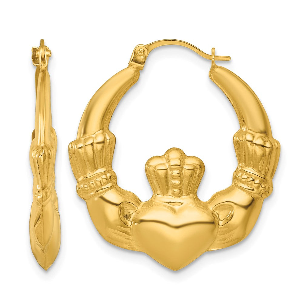 14K Yellow Gold Polished Claddagh Hoop Earrings - Product Photo
