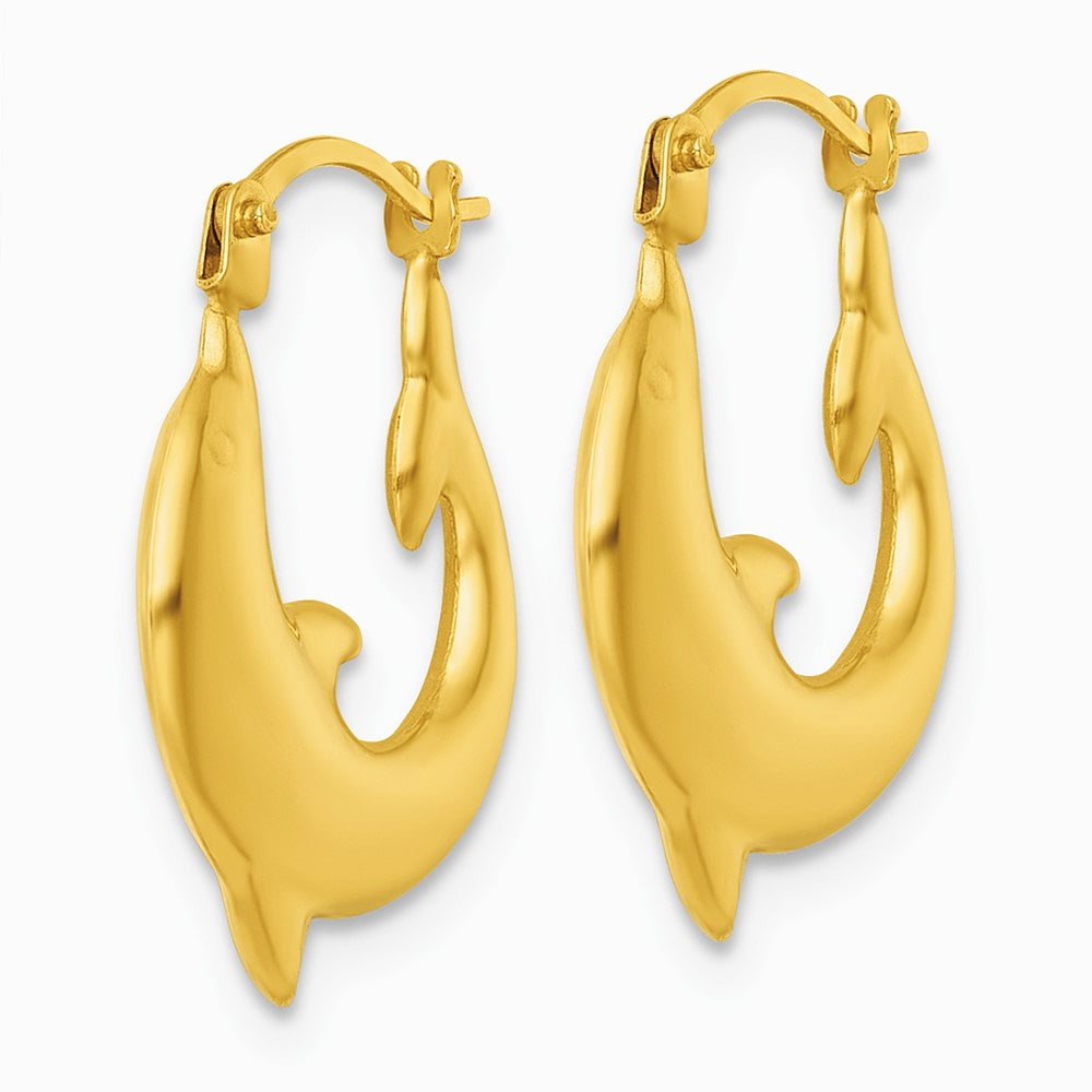 14K Yellow Gold Polished Dolphin Hoop Earrings - Product Photo