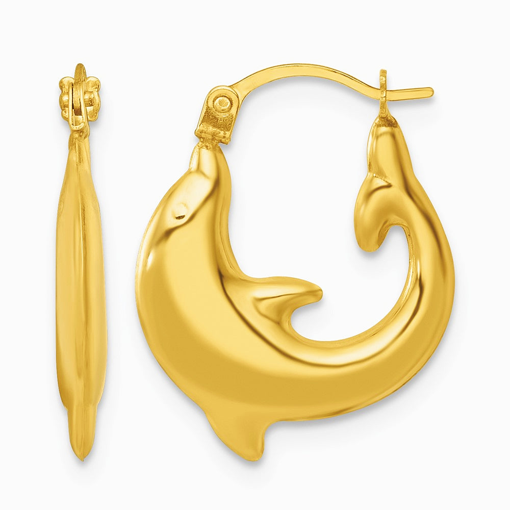 14K Yellow Gold Polished Dolphin Hoop Earrings - Product Photo
