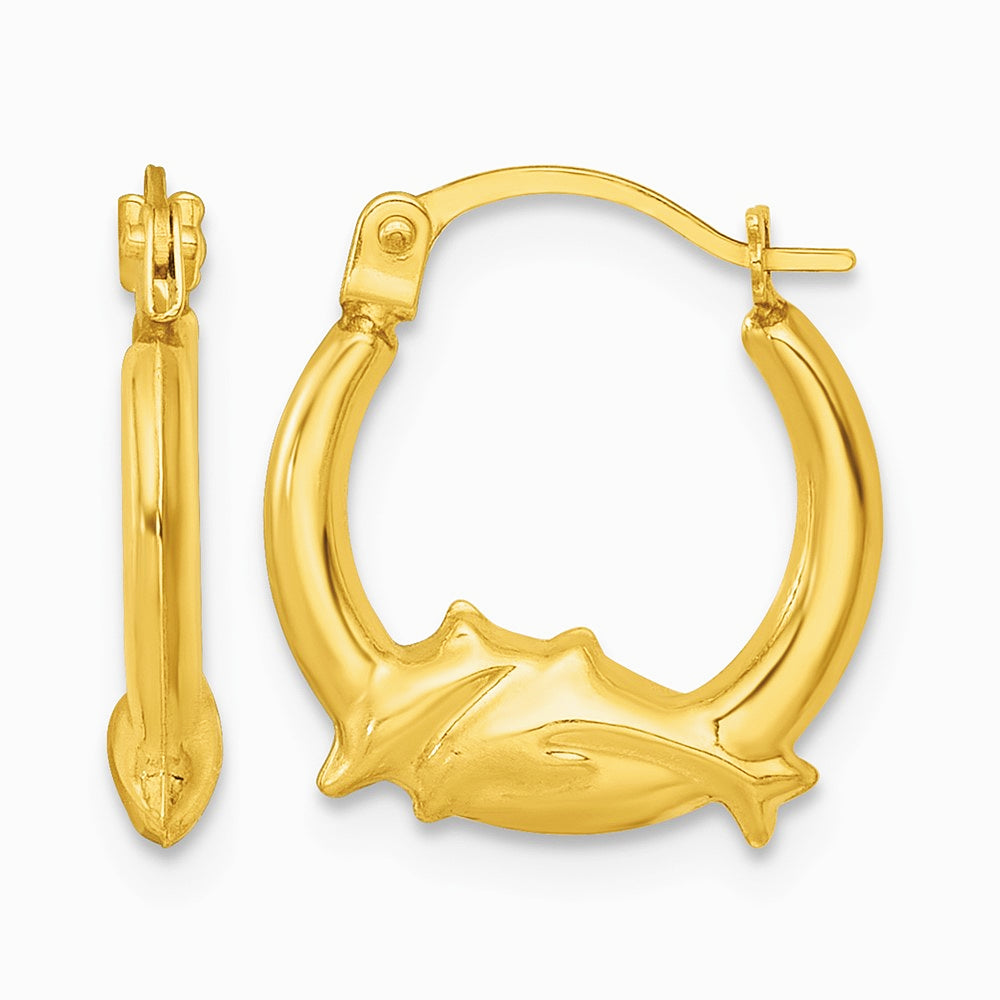 14K Yellow Gold Polished Dolphins Hoop Earrings - Product Photo