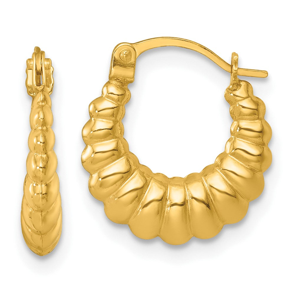 14K Yellow Gold Polished and Grooved Scalloped Hoop Earrings
