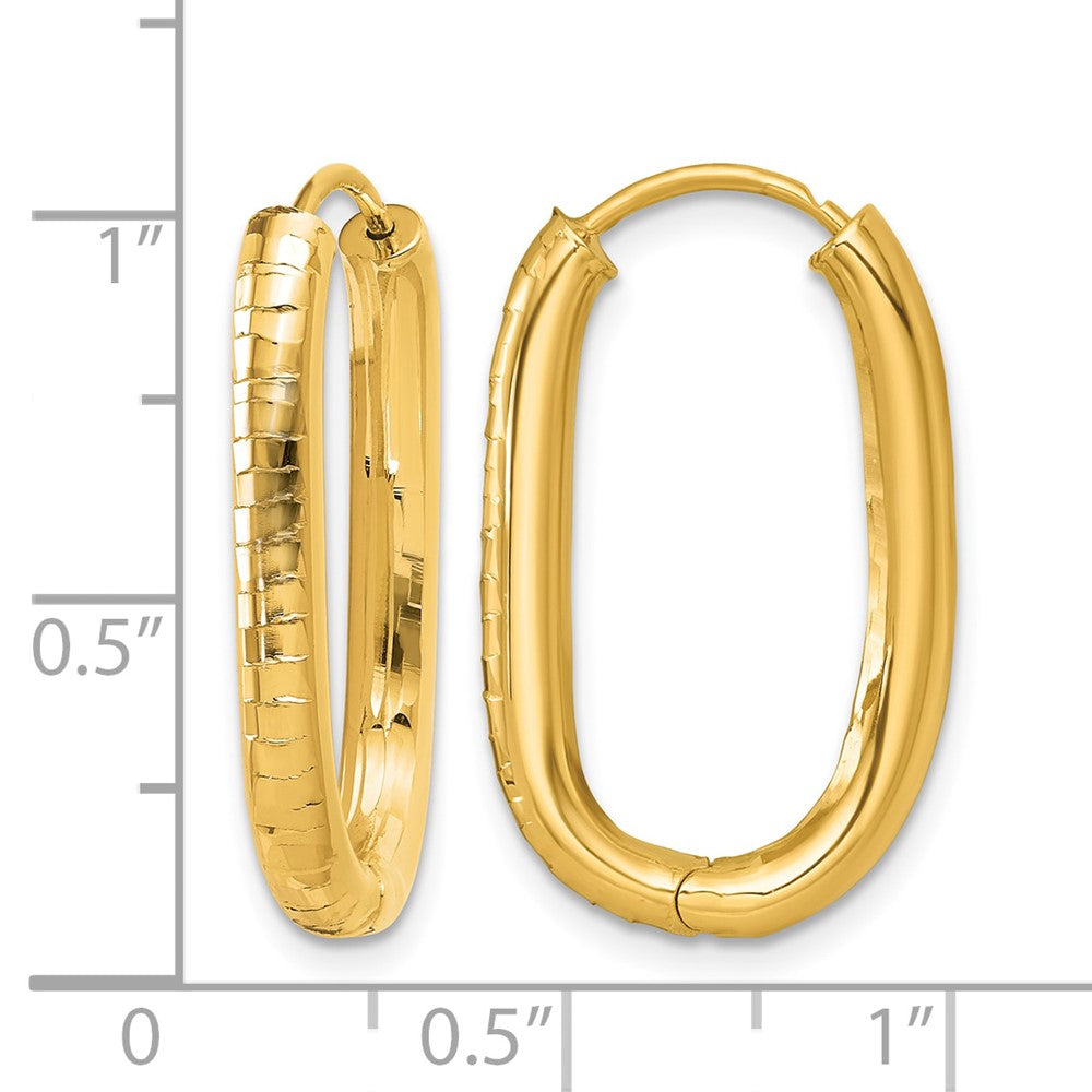 14k Polished and Grooved Oval Hinged Hoop Earrings - Product Photo