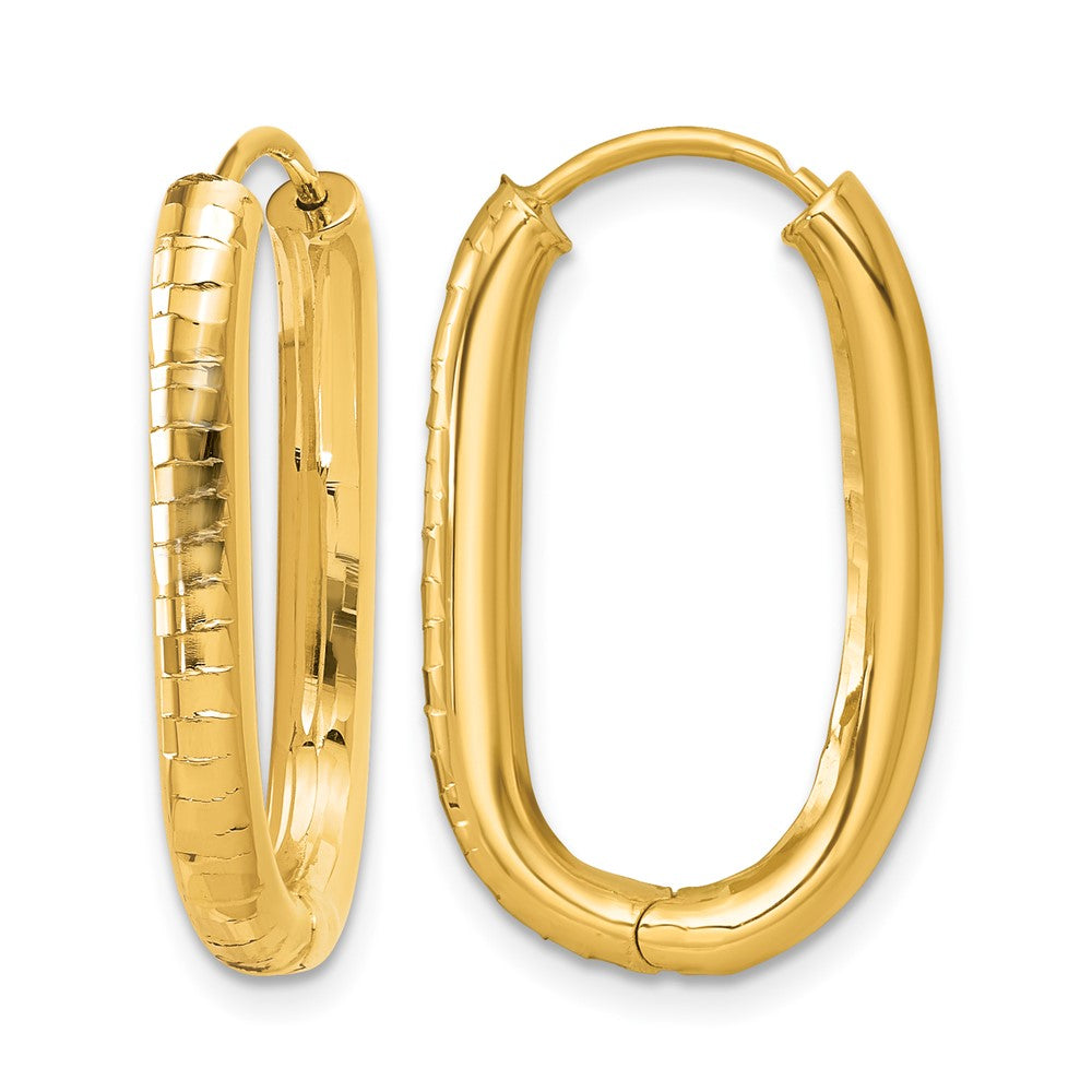 14K Yellow Gold Polished and Grooved Oval Hinged Hoop Earrings
