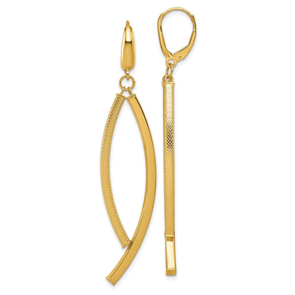 14K Yellow Gold Polished and Textured Dangle Bar Leverback Earrings