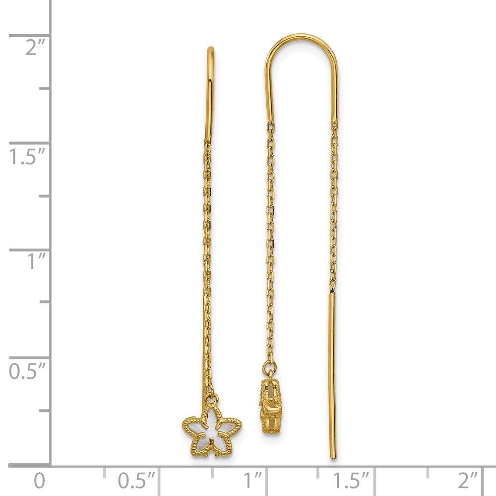 14K Polished Mother of Pearl Flower Cable Chain Threader Earrings - Product Photo