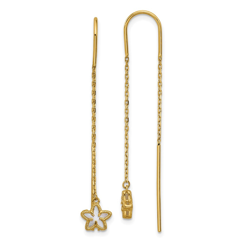 14K Polished Mother of Pearl Flower Cable Chain Threader Earrings - Product Photo