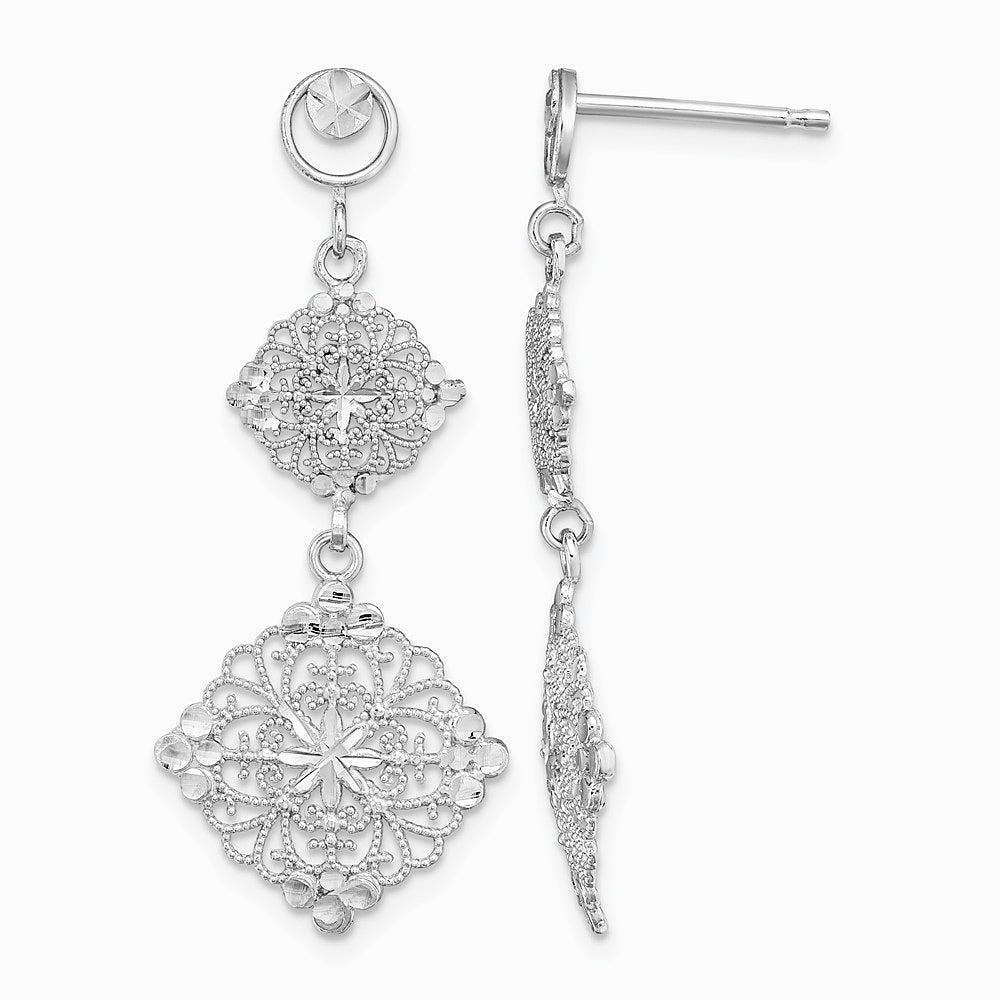 14K White Gold Diamond-Cut Filigree Medallion Drop Earrings - Product Photo
