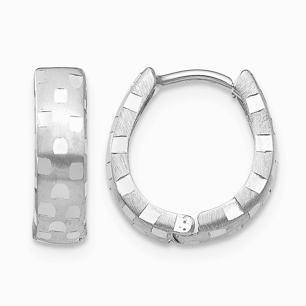 14K White Gold Diamond Cut 4mm Patterned Hinged Hoop Earrings - Product Photo