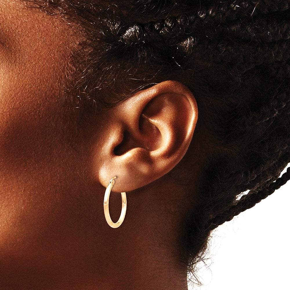 14K Rose Gold Lightweight Satin Diamond Cut Hoop Earrings - Product Photo
