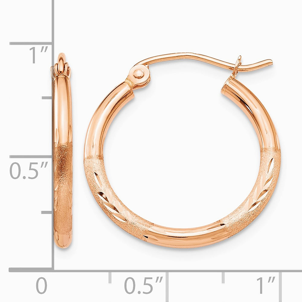 14K Rose Gold Lightweight Satin Diamond Cut Hoop Earrings - Product Photo