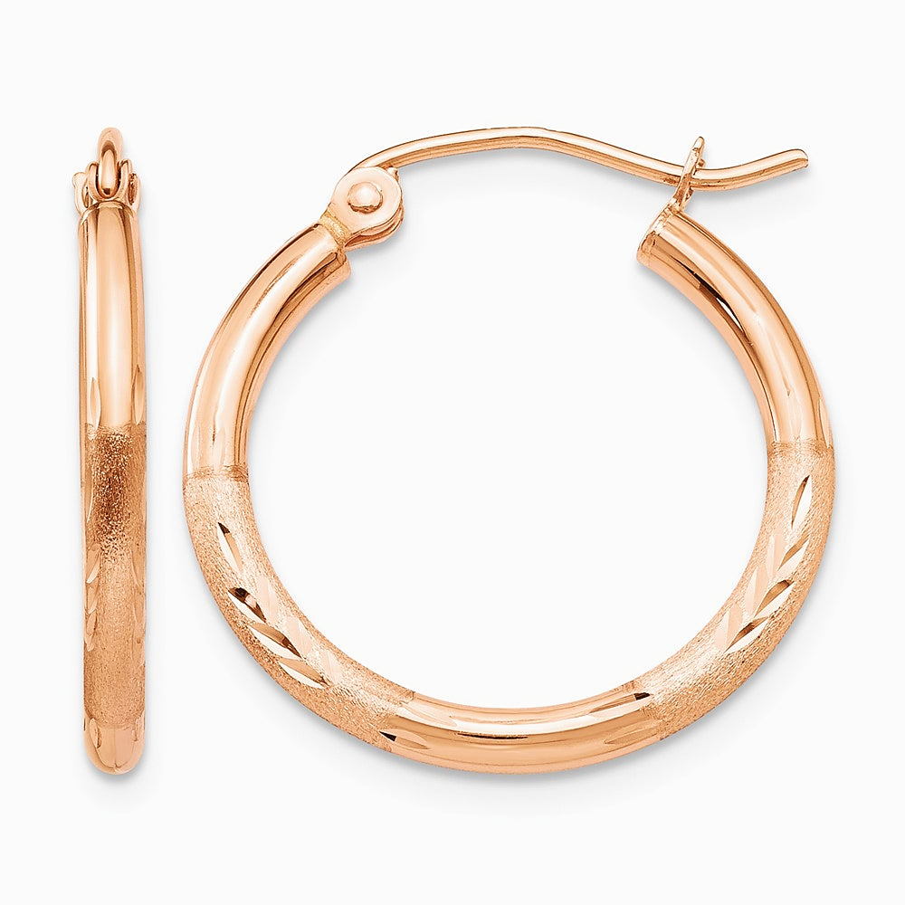 14K Rose Gold Lightweight Satin Diamond Cut Hoop Earrings - Product Photo