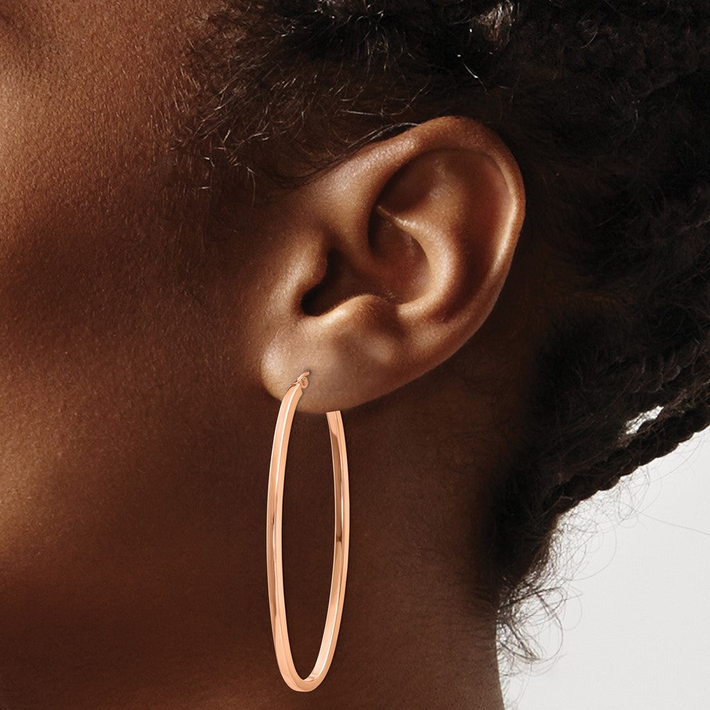 14k Rose 2mm Square Tube Oval Hoop Earrings - Product Photo