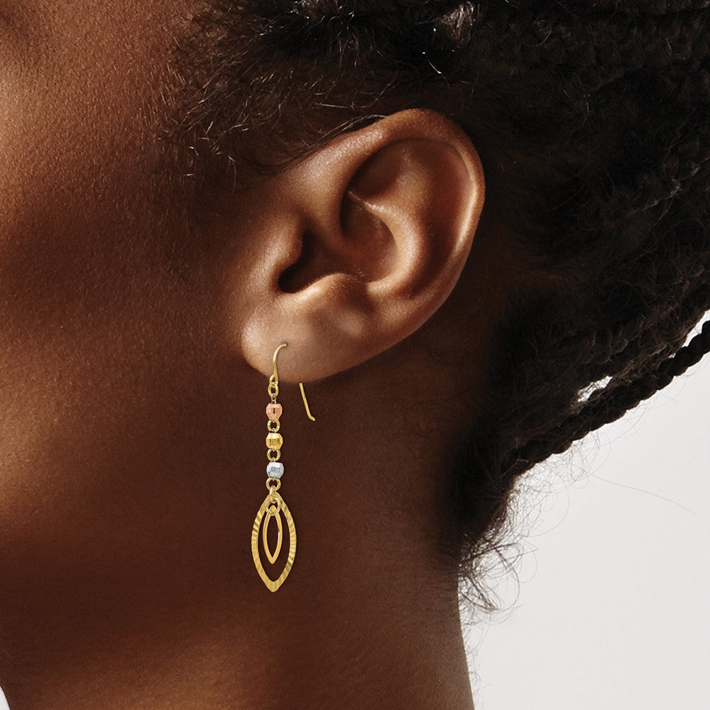 14K Tri-Color Diamond-cut Bead Oval Dangle Earrings - Product Photo