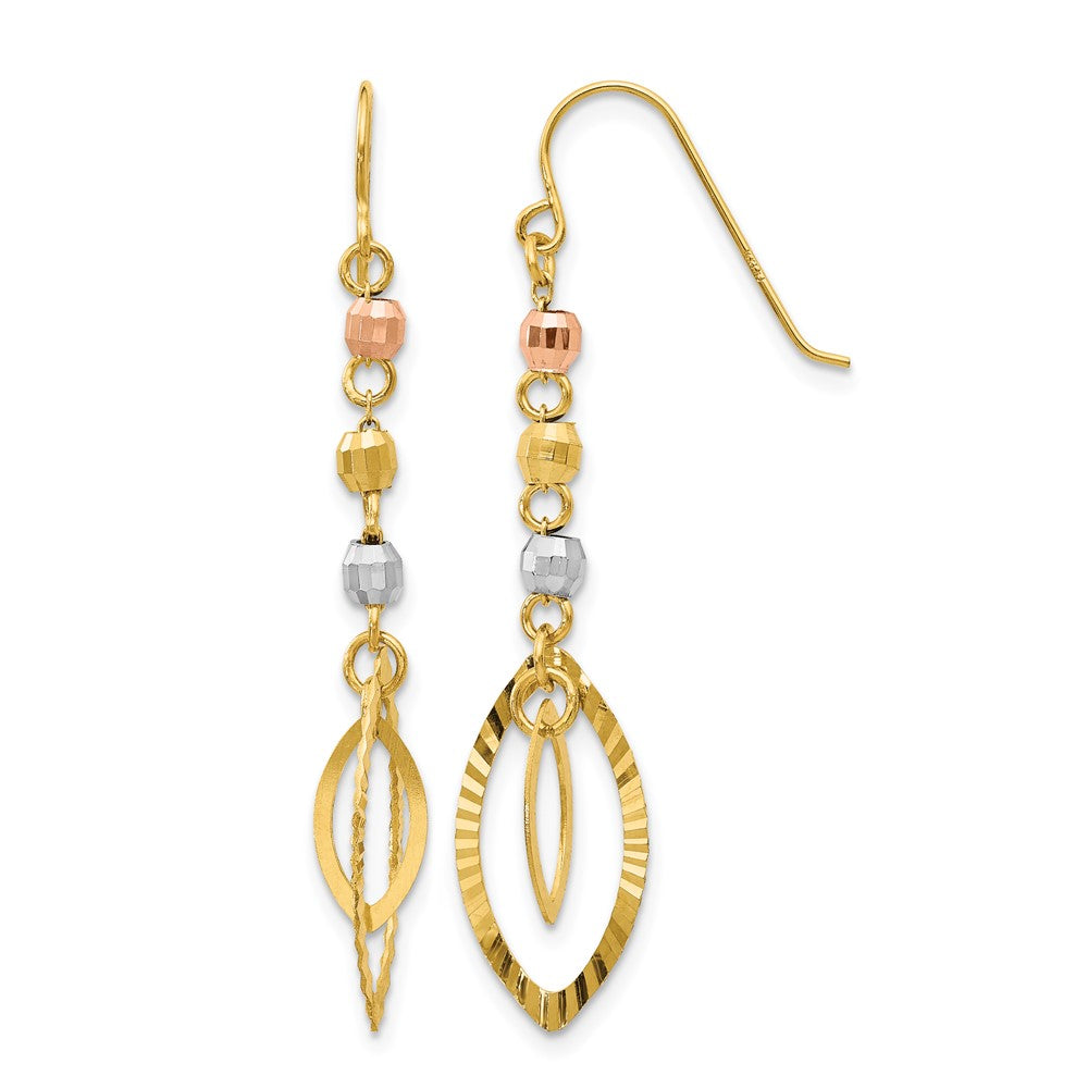 14K Tri-Color Diamond-cut Bead Oval Dangle Earrings