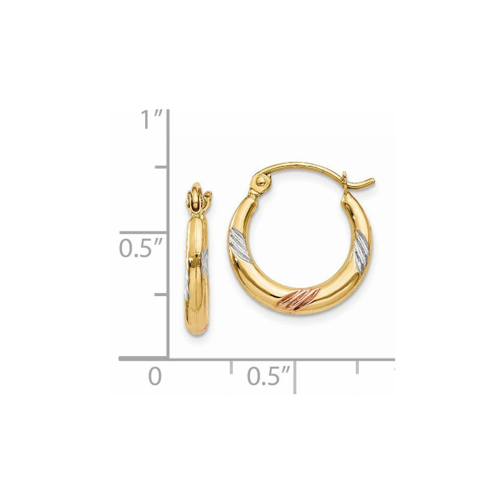 14k & White & Rose Rhodium Polished & Textured Hoop Earrings - Product Photo
