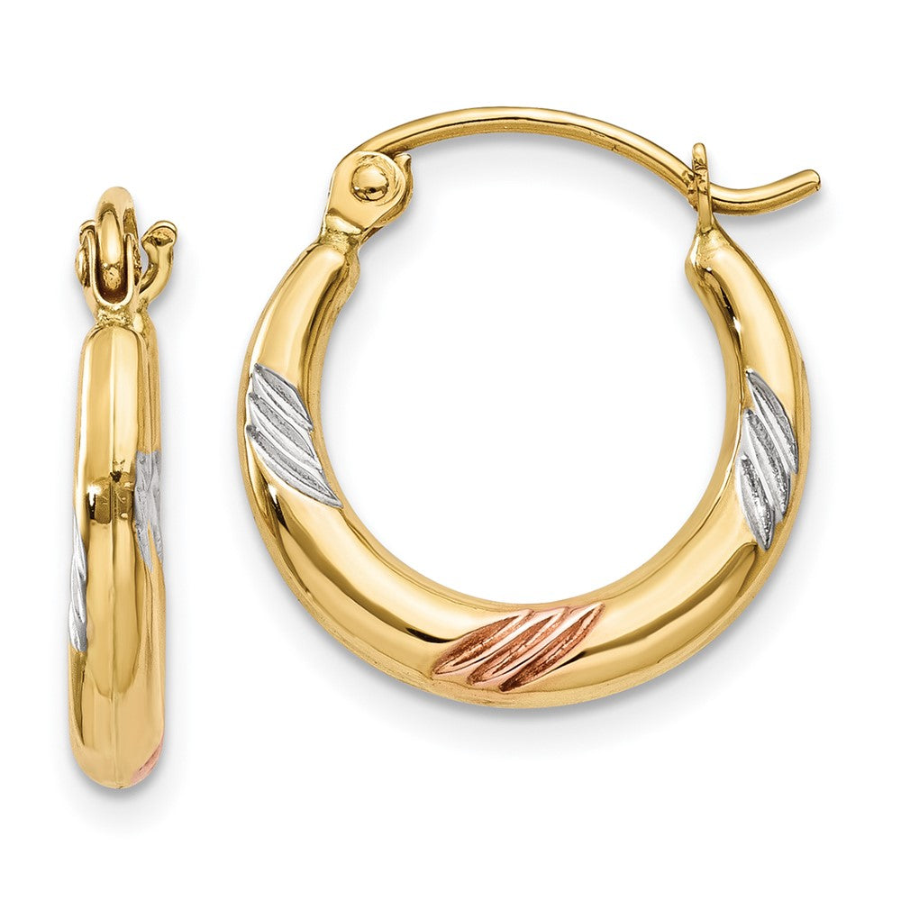 14k & White & Rose Rhodium Polished & Textured Hoop Earrings - Product Photo