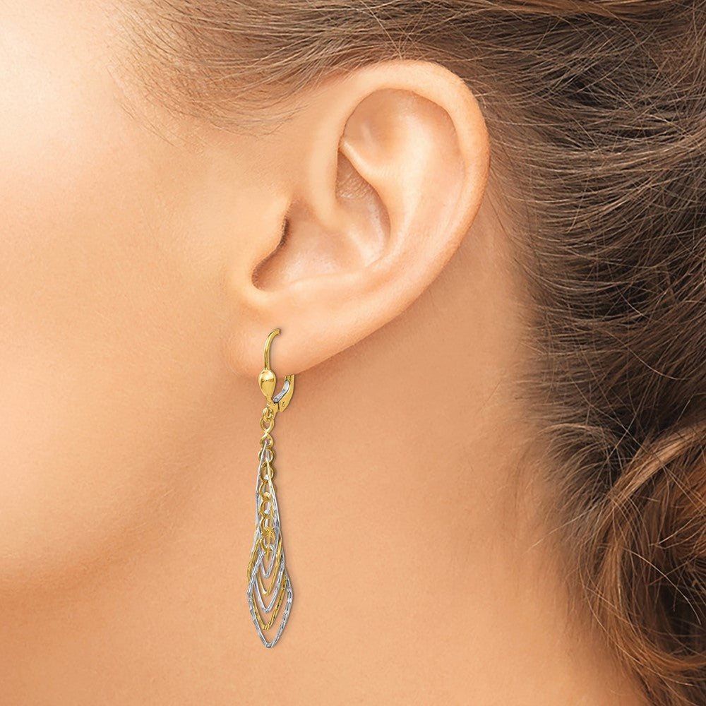 14K Two-tone Polished Diamond-cut Dangle Leverback Earrings - Product Photo