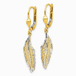 14K Yellow & Rhodium and Rhodium Polished and Textured Leaf Leverback Earrings - Product Photo