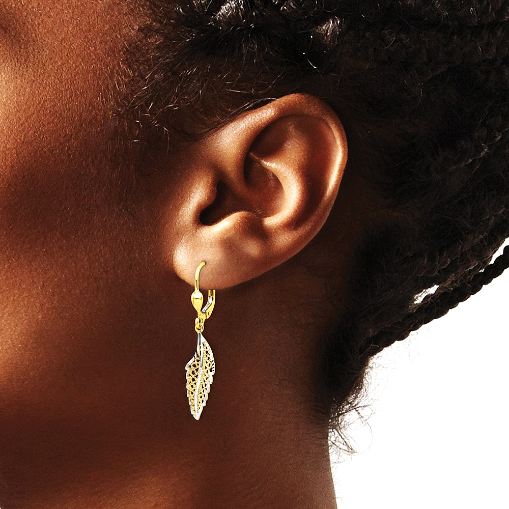 14K Yellow & Rhodium and Rhodium Polished and Textured Leaf Leverback Earrings - Product Photo