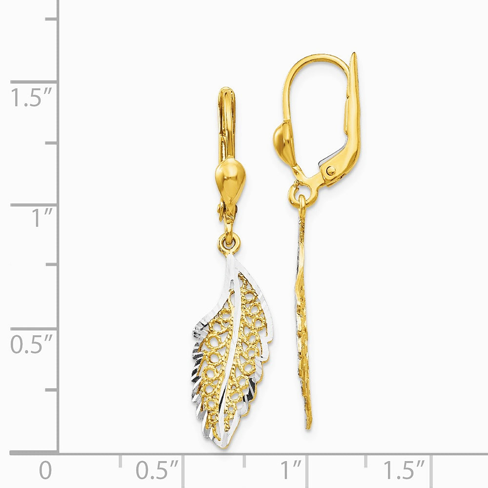 14K Yellow & Rhodium and Rhodium Polished and Textured Leaf Leverback Earrings - Product Photo