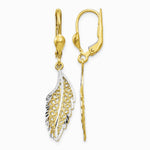 14K Yellow & Rhodium and Rhodium Polished and Textured Leaf Leverback Earrings - Product Photo