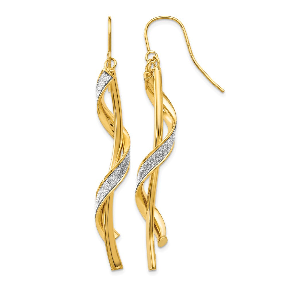 14K Yellow Gold Polished Glitter Infused Spiral Dangle Earrings