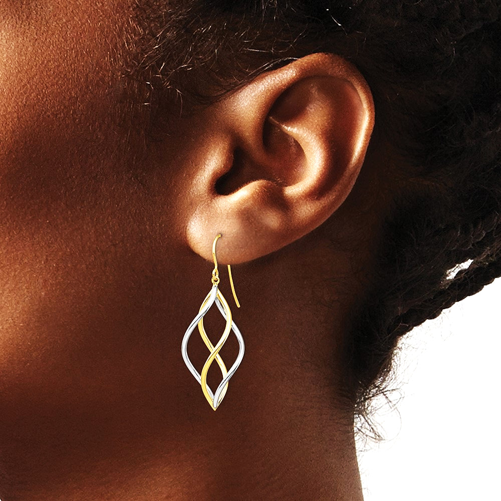 14K Two-Tone Twisted Polished Dangle Shepherd Hook Earrings - Product Photo