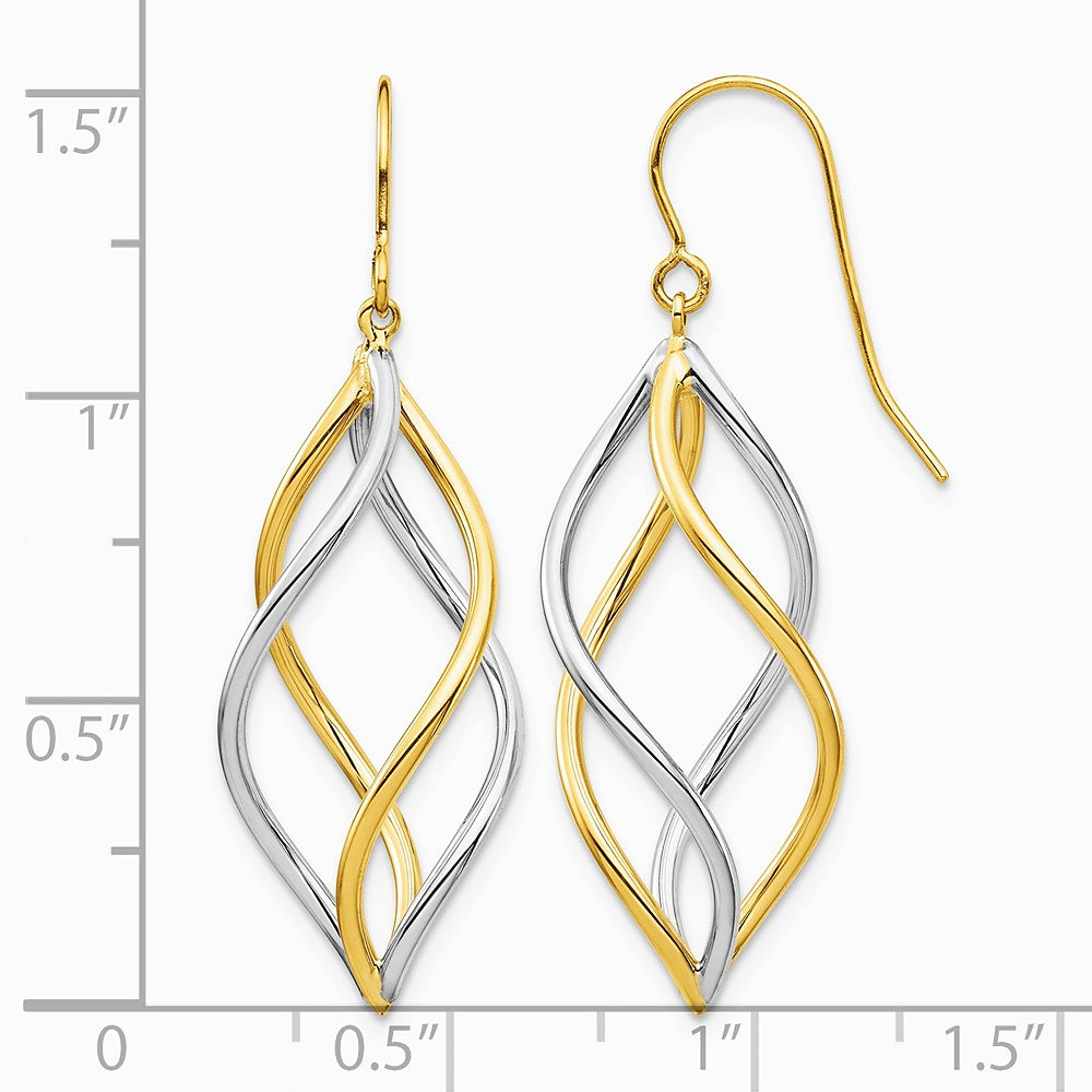 14K Two-Tone Twisted Polished Dangle Shepherd Hook Earrings - Product Photo