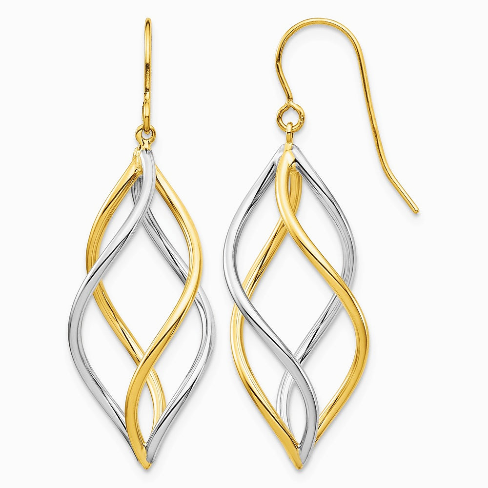 14K Two-Tone Twisted Polished Dangle Shepherd Hook Earrings - Product Photo