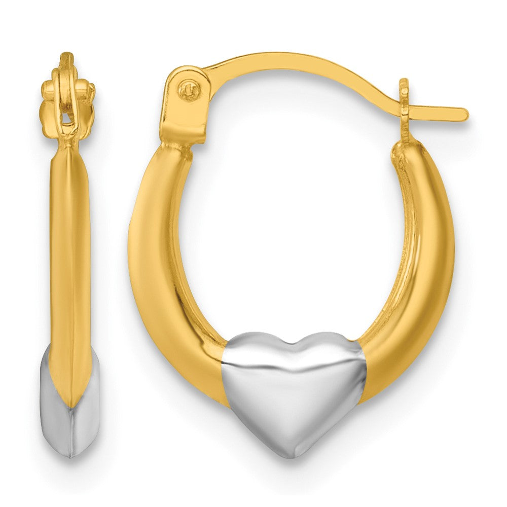 14K Yellow & Rhodium with White Rhodium Polished Heart Hoop Earrings - Product Photo