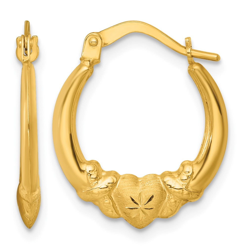14K Yellow Gold Polished Brushed and Diamond-cut Heart Hoop Earrings - Product Photo