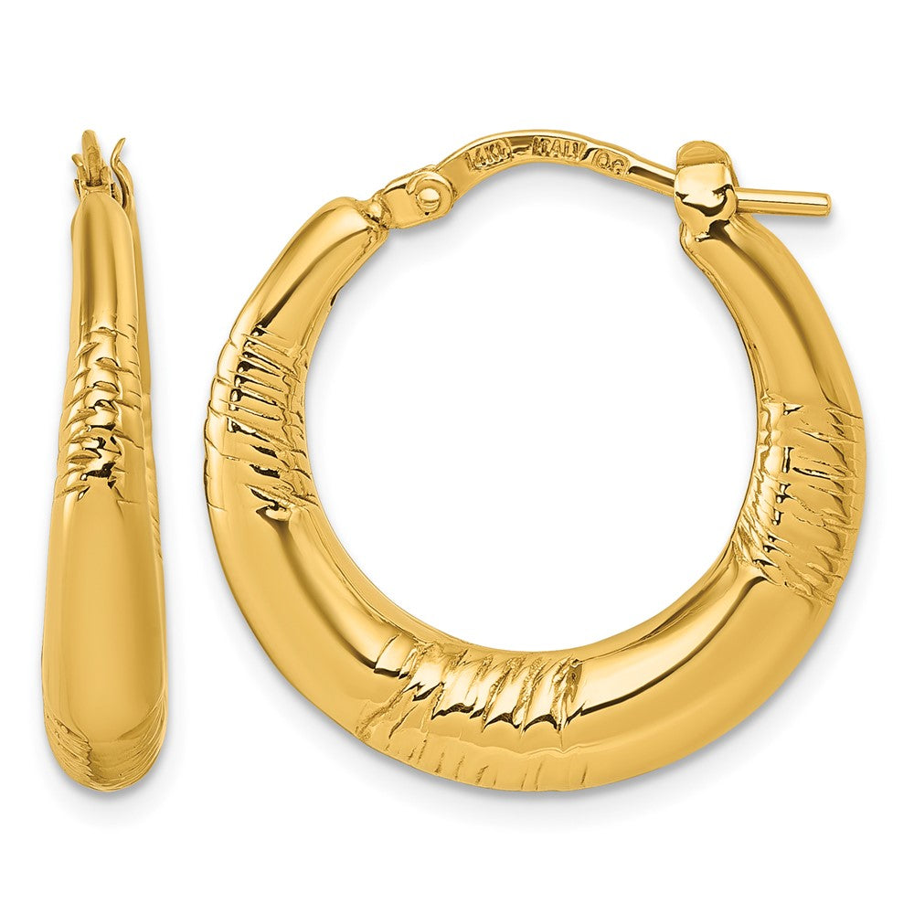 14k Polished and Grooved Round Hoop earrings - Product Photo