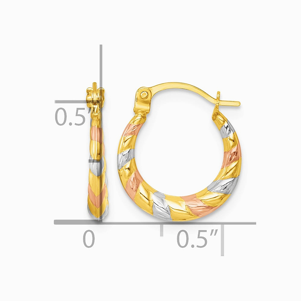 14K Yellow & RH with RH and Rose Gold-plating Dia-cut Pol. Hoop Earrings - Product Photo
