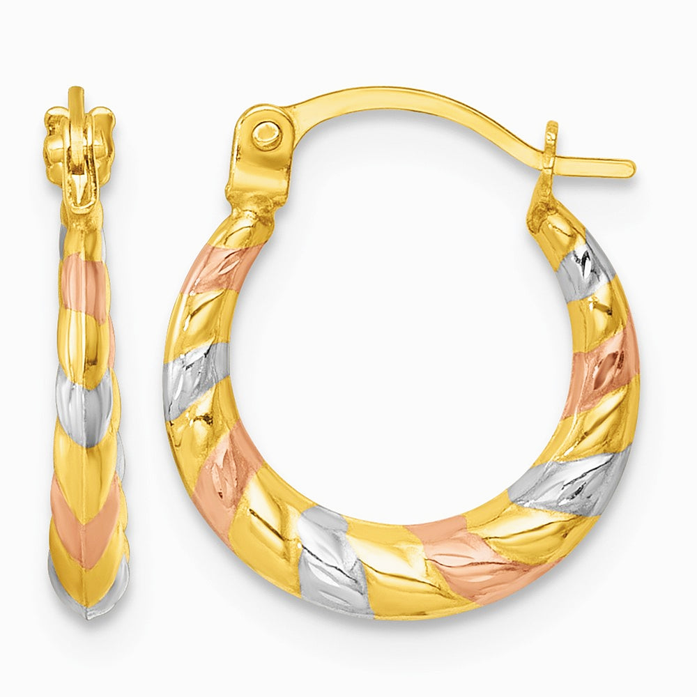 14K Yellow & RH with RH and Rose Gold-plating Dia-cut Pol. Hoop Earrings - Product Photo