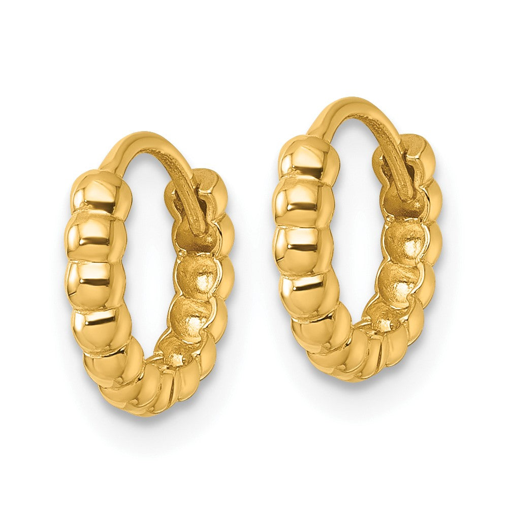 14k Polished 2.25mm Beaded Hinged Huggie Hoop Earrings - Product Photo