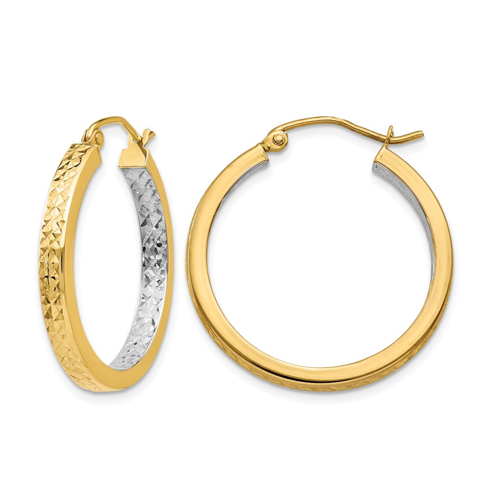 14K Yellow & Rhodium White Rhodium Light Square Diamond Cut Hoop Earrings