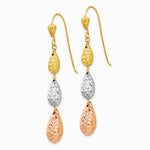 14K Tri-color Puff Diamond-cut Teardrop Dangle Earrings - Product Photo