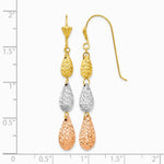 14K Tri-color Puff Diamond-cut Teardrop Dangle Earrings - Product Photo