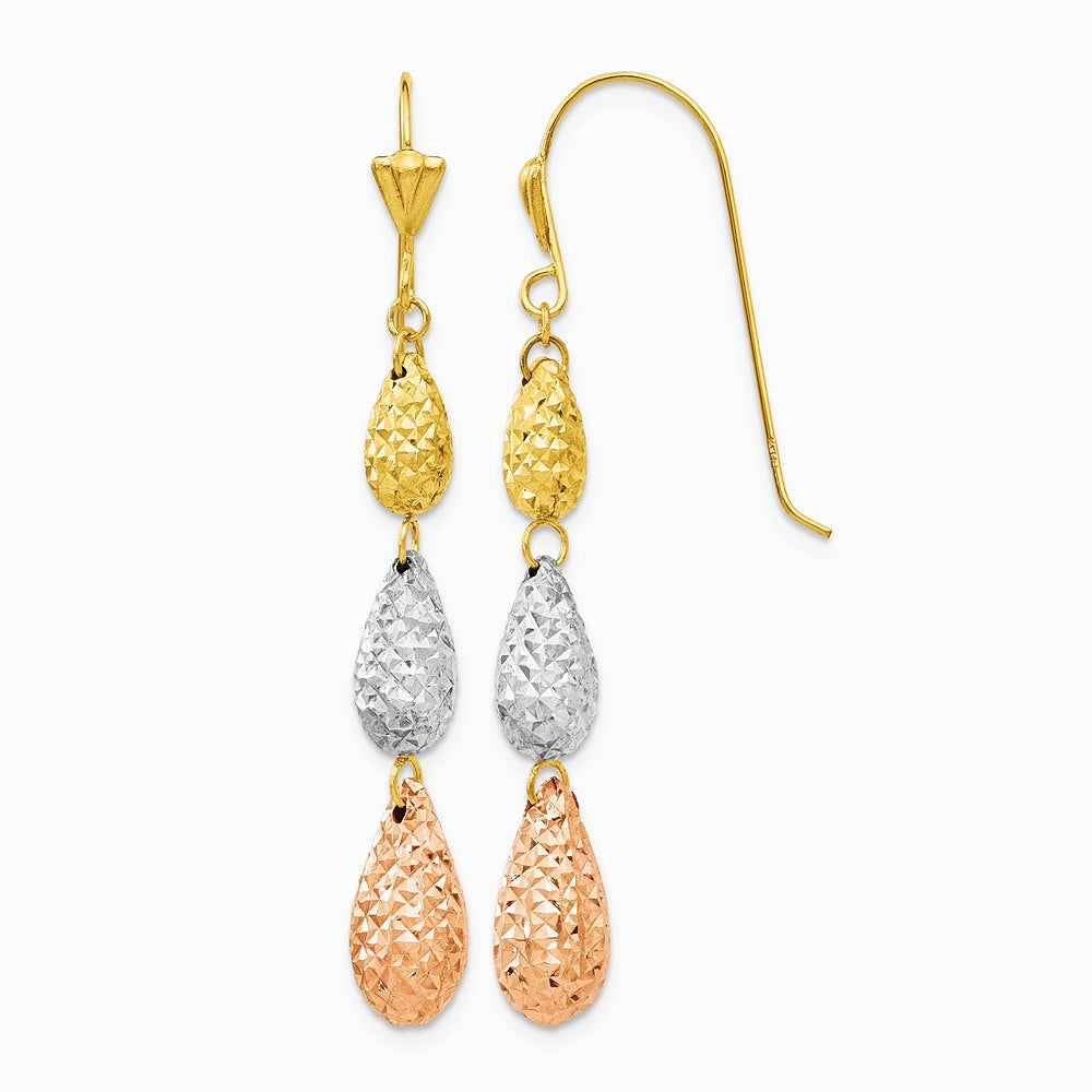 14K Tri-color Puff Diamond-cut Teardrop Dangle Earrings