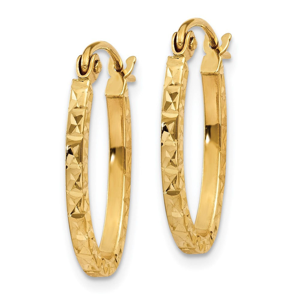 14K Yellow Gold Diamond Cut Oval Hollow Hoop Earrings - Product Photo